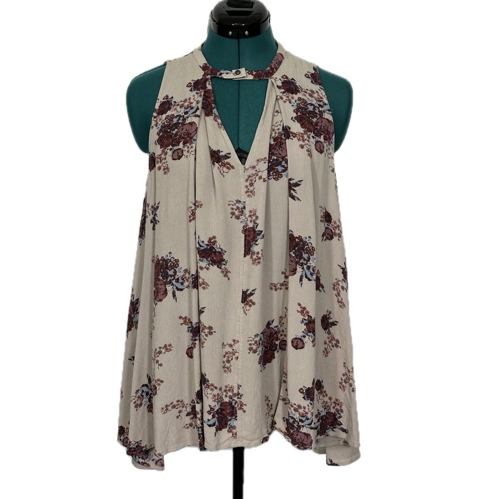 Free People Tunic Top Floral Keyhole Halter XS Beige Boho Peasant Sleeveless